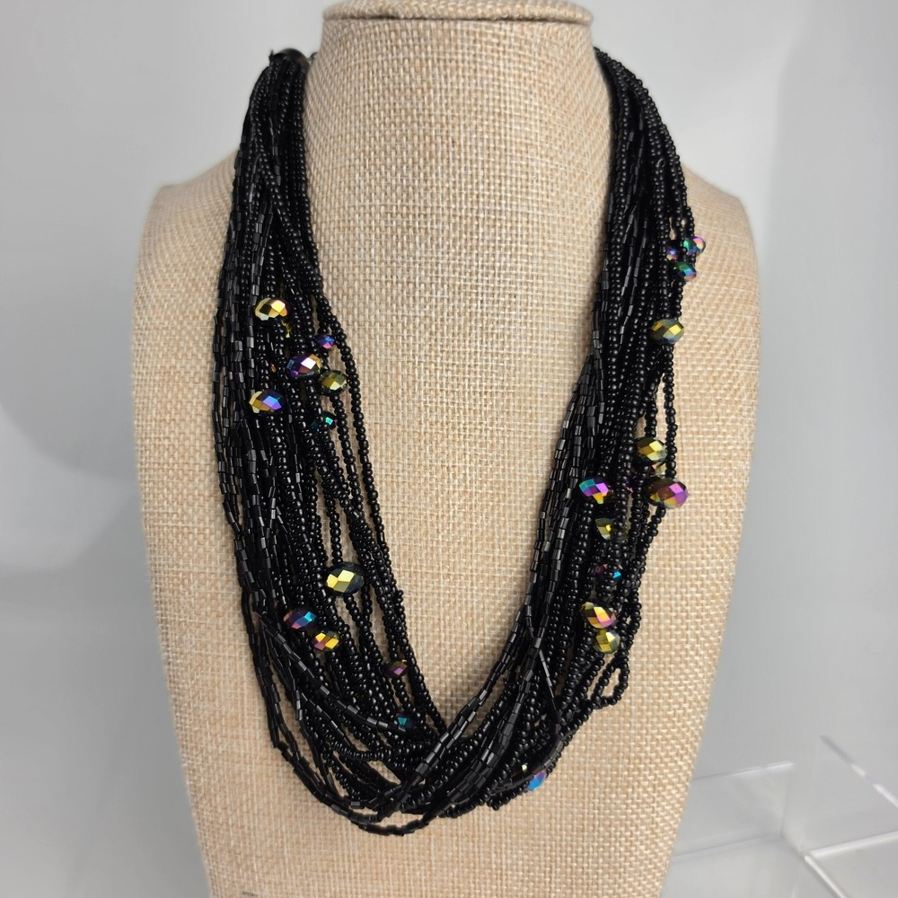 Macy's NWT 21 Strand Black Seed Bead Torsade Necklace AB Crystal Accents
